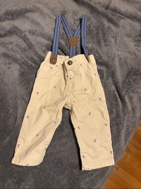 Beige Anchor-Print Kids Pants with Blue Striped Suspenders